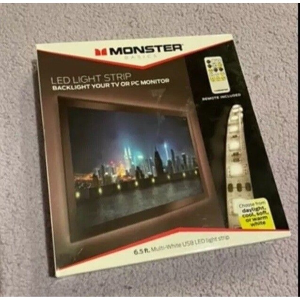 Monster Basics Multi-White USB LED Light Strip 6.5ft w/ Remote TV & PC Backlight